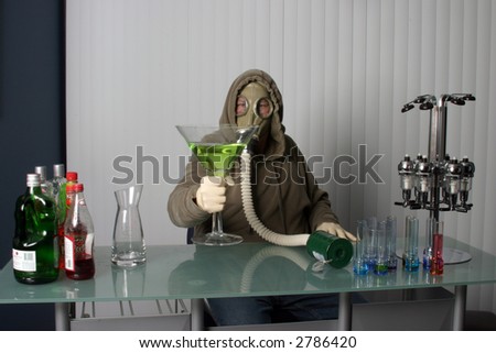 bartender in a gas mask, name your poison concept \