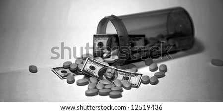 Money and pills pour out of a pill bottle representing the high cost of health care and medication concepts