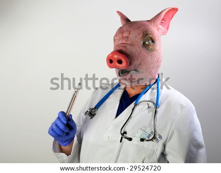 A Doctor in a Pig Mask holds a large cooking thermometer representing the Mexican Swine Flu Pandemic