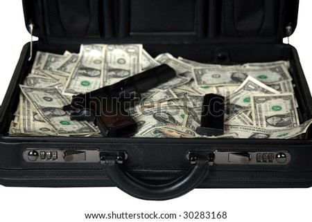brief case full of cash and a handgun isolated on white