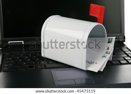a laptop computer with a mail box isolated on white with room for your text or images, represents \