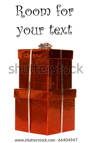 beautiful metalic red gift boxes with silver ribbon and silver bow isolated on white with room for your text