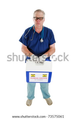 a doctor, or cardiac surgeon, or nurse, or emt, holds and delivers an ice chest with a Human Heart for transplant, being preserved on ice while in transit. isolated on white with room for your text