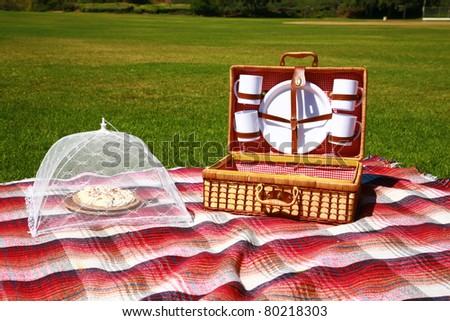 a picnic lunch outdoors in a nice field or park on sunny spring or summer day. picnic includes sandwich, chips, pie, drinks, a blanket and a baseball and glove with a blue sky and green grass.
