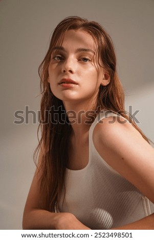 Similar – Image, Stock Photo portrait of a beautiful natural sexy redheaded woman on the forest floor with the shadow of a fern leaf on her face