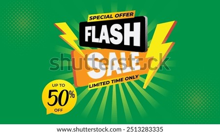 Creative flash sale shopping banner with thunder upto 50 percent off, special offer, limited time only, flash sale campaign sales green yellow black banner template design for social media and website