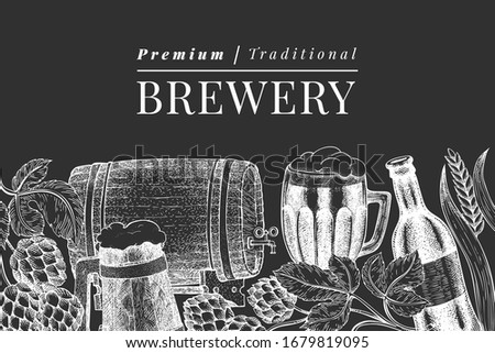 Beer glass mug and hop design template. Hand drawn vector pub beverage illustration on chalk board. Engraved style. Vintage brewery illustration. ストックフォト © 