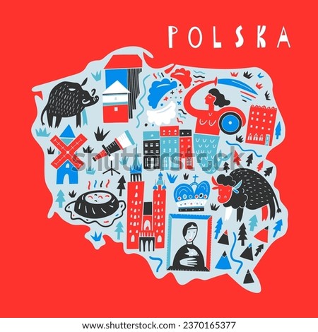 Vector Hand Drawn Stylized Map Of Polish Landmarks. Travel Illustration. Republic Of Poland Geography Illustration. Europe Map Element