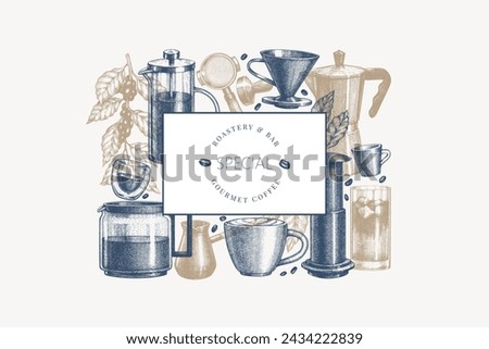 Alternative Coffee Makers Illustration. Vector Hand Drawn Specialty Coffee Equipment Banner. Vintage Style Coffee Bar Design 