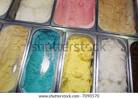 Ice cream parlor. Almond, blue moon, coconut, strawberry, vanilla...