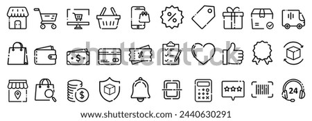 set of e commerce online shopping icon line stroke dash and dot thin outline.