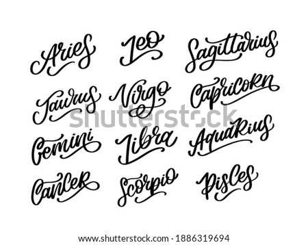 Zodiac lettering Vector Sign. Cartoon astrology text illustration. Horoscope handwritten icon set.