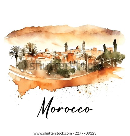 Picturesque landscape of Morocco watercolor art africa