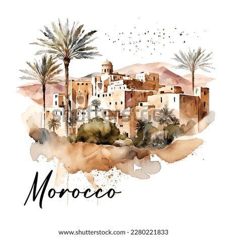 Picturesque landscape of Morocco watercolor art africa