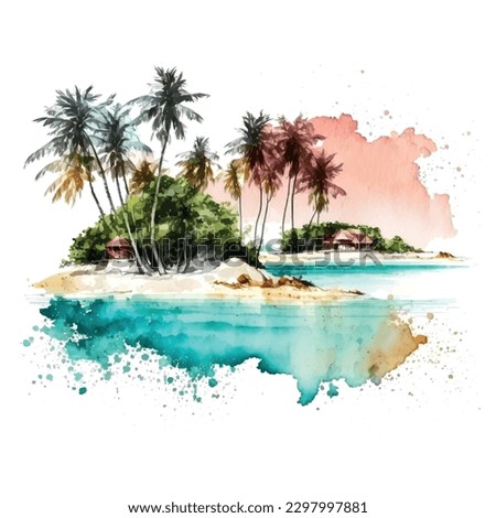 Watercolor scenic landscape maldives watercolor. White color background. Nature beauty. Aerial view. Luxury background. Summer seascape. Amazing nature background. Relax day.