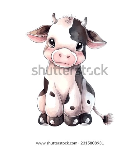 Cow watercolor tender warm colors, appeasement, pasture, white, brown, full height, nature, farm, agriculture, village, farmer, care, milk. Animals concept. Vector illustration.