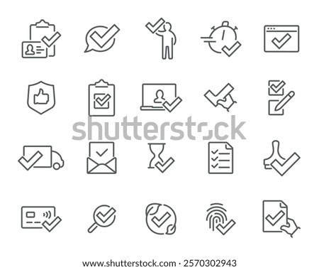 Approval and Security Icons. Editable vector set- ID check, stopwatch, shield, handshake, document signing, global verification. Perfect for digital security and logistics.