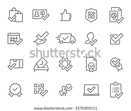 Delivery Essentials Icons. Editable vector icon set- shopping bag, ID, like, calendar, shield, delivery, certificate.