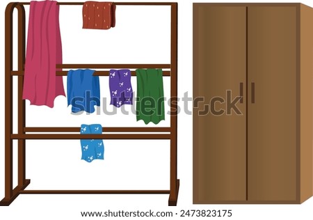 Wooden wardrobe and clothing rail with clothes on it isolated with white background for cartoon animation. cupboard and clothing rack