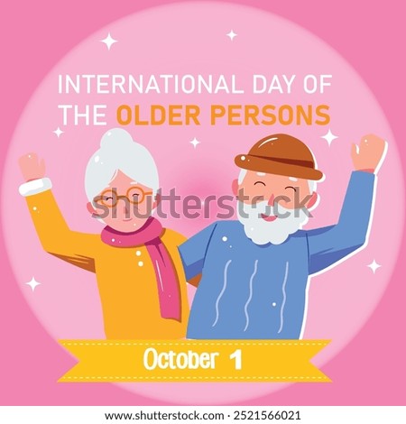 International day of the Older Persons. 1st October Older persons day celebration banner, post with two old people with white hairs holding cane. The day recognize the contributions of older persons.