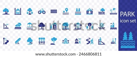 Park icon set. Containing forest, barbecue, camp, bench, picnic and playground icons. Park leisure and outdoor activity symbols. Solid icon