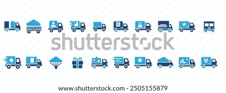 Delivery Truck icon set. Express delivery trucks icons. Fast shipping truck. Free delivery 24 hours. Logistic trucking sign. Vector illustration.