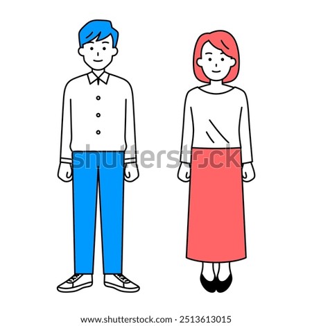 Casual man and woman facing forward (full body)