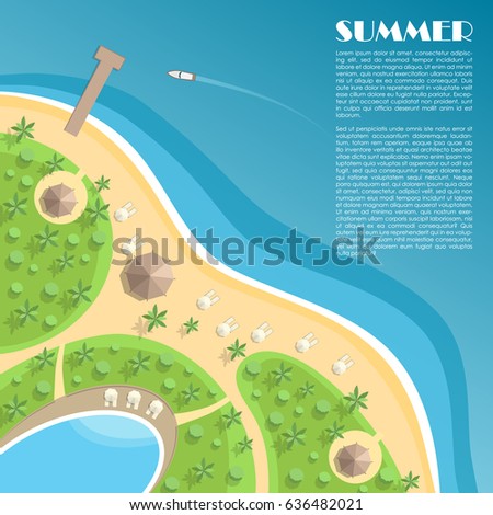 The beach with a dock, a bar, a swimming pool and sun loungers. Top view. Summer travel background. Place for the text. Vector illustration