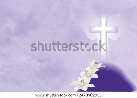 Christian cross and white lilies on a purple background