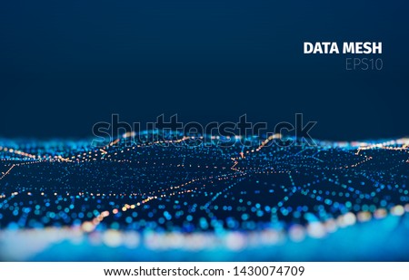 Vector particle grid technology background. Data mesh surface. Landscape night light