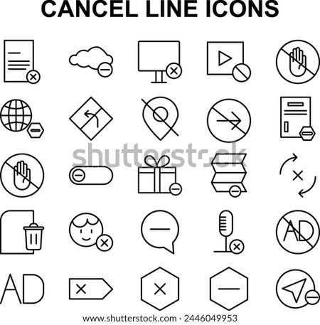 Set of line icons related to cancel category. Contains such Icons as Refuse, Cancellation, Decline and more.
