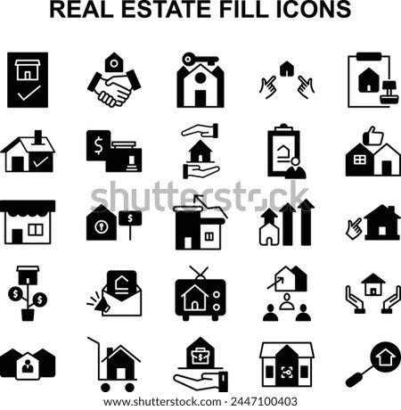 Set of fill icons related to real estate, outline vector icon. Includes such as Property, Building, Apartment and other