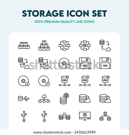 Line icons set of storage including boxes, cloud storage, database, security, SSD, HDD, and data management—premium quality outline icon collection.