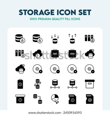 Storage fill icons set. Collection of vector icons such as Chip, Servers, SSD, HDD, Security, and Storage disks. Premium quality outline collection.