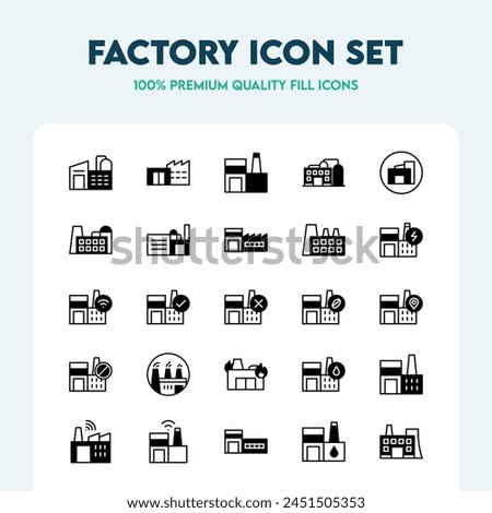 Factory fill icons set. Collection of different vector icons such as industrial buildings, power plants, and warehouses. Premium quality icon collection.