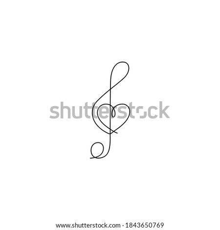 Continuous line drawing. Treble clef with heart. Music key. Black isolated on white background. Hand drawn vector illustration. 