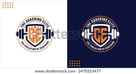 CE Creative Logo and Barbell Shield With Circular Lettering, Design Inspiration, Illustration, Vector