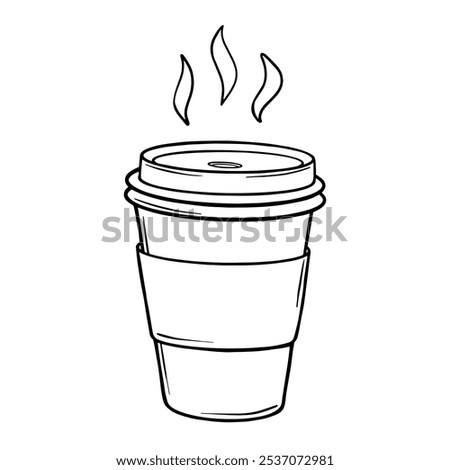 Paper coffee cup sketch. Coffee to go outline drawing painted by black inks. Hand drawn vector illustration on white background. Monochrome picture Coffee hot drink take away. Outline line icon