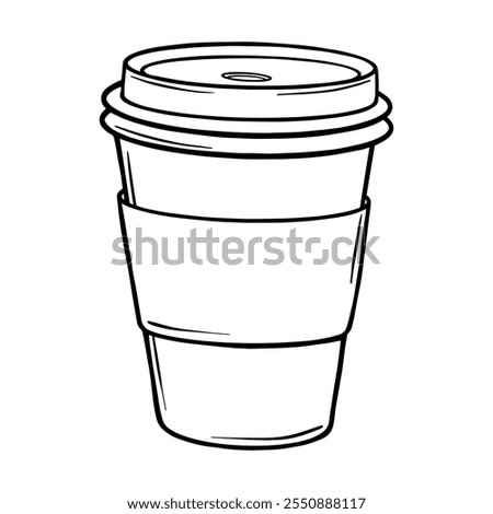 Paper cup for coffee. Coffee hot drink take away. Coffee to go outline drawing painted by black inks. Hand drawn vector illustration on white. Monochrome Outline picture. Decoration for menus