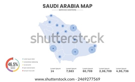 Service centers are highlighted within the map of Saudi Arabia Map, Infographic map of Saudi Arabia Vector Illustration