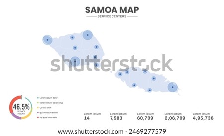 Service centers are highlighted within the map of Samoa Map, Infographic map of Samoa Vector Illustration