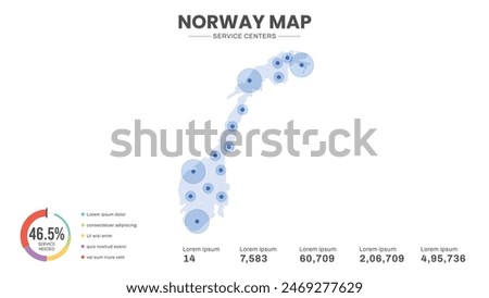 Service centers are highlighted within the map of Norway Map, Infographic map of Norway Vector Illustration