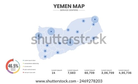 Service centers are highlighted within the map of Yemen Map, Infographic map of Yemen Vector Illustration