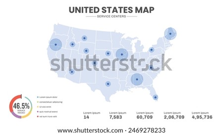 Service centers are highlighted within the map of United States of America Map, Infographic map of United States of America Vector Illustration