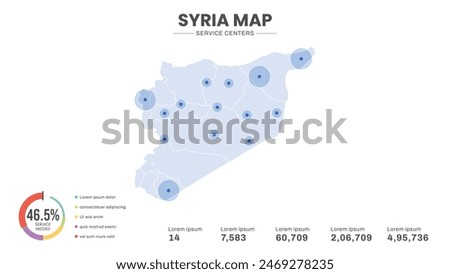 Service centers are highlighted within the map of Syria Map, Infographic map of Syria Vector Illustration