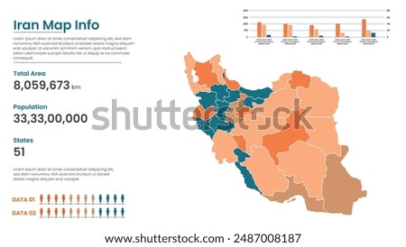 Iran political map of administrative divisions states, Colorful states in Iran map infographic, Iran Map Info, Iran Population.