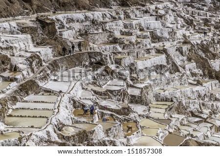 Salt ponds high in the Andes at Salinas, Pisac, Maras, in the Sacred Valley, Peru