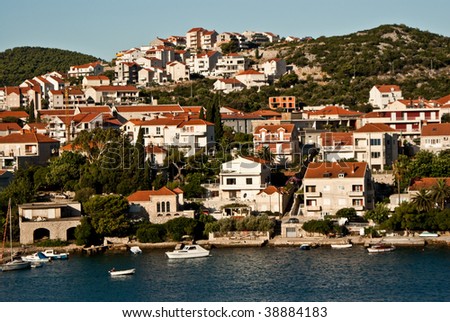 Red roof houses on a lush green hillside beside a deep blue Mediterranean sea, Dubrovnik, Croatia