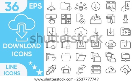 Download icon set. Containing upload, document, link, download file, folder, data and PDF icons.Vector and illustrator set.