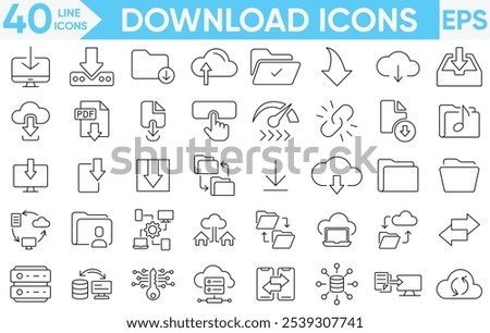 Download icon set. Containing upload, document, link, download file, folder, data and PDF icons.Vector and illustrator set.